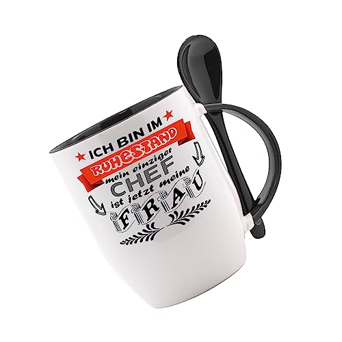 Tasse m. Löffel Ich bin im Ruhestand - der einzige Chef ist jetzt meine Frau Löffeltasse, Kaffeetasse mit Motiv,Bürotasse, bedruckte Tasse mit Sprüchen oder Bildern - von Crealuxe
