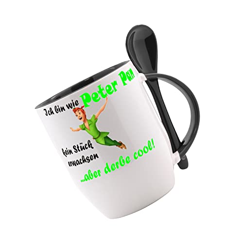 Tasse m. Löffel Ich bin wie Peter Pan.. Löffeltasse, Kaffeetasse mit Motiv,Bürotasse, bedruckte Tasse mit Sprüchen oder Bildern - auch individuelle Gestaltung nach Kundenwunsch von Crealuxe