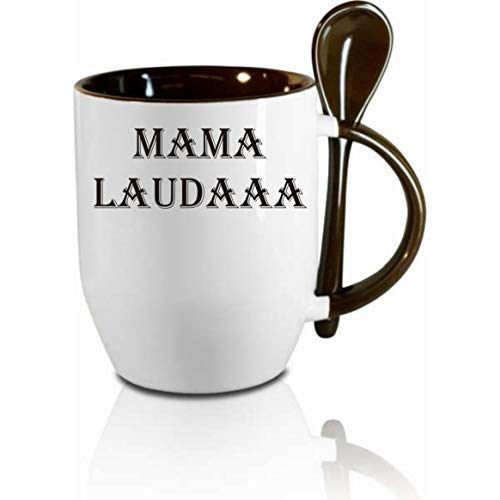 Tasse m. Löffel Mama Lauda Löffeltasse(1), Kaffeetasse mit Motiv,Bürotasse, bedruckte Tasse mit Sprüchen oder Bildern - auch individuelle Gestaltung nach Kundenwunsch (schwarz) von Crealuxe