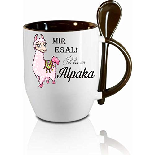 Tasse m. Löffel Mir egal - ich bin ein Alpaka Löffeltasse, Kaffeetasse m. Motiv,Bürotasse, bedruckte Tasse mit Sprüchen oder Bildern - auch individuelle Gestaltung nach Kundenwunsch (schwarz) von Crealuxe