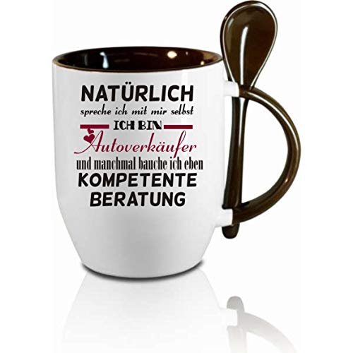 Tasse m. Löffel " Natürlich spreche ich mit mir selbst....Autoverkäufer " Löffeltasse, Kaffeetasse m. Motiv,Bürotasse, bedruckte Tasse mit Sprüchen oder Bildern - von Crealuxe