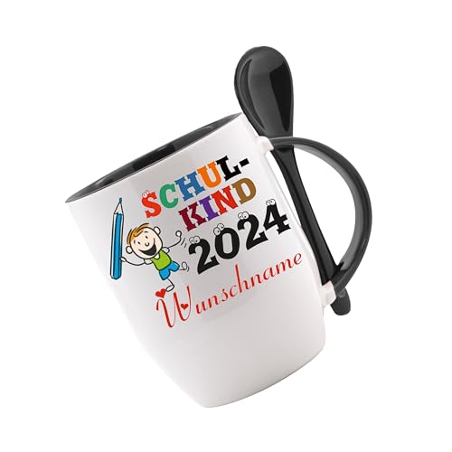 Tasse m. Löffel - Schulkind 2024 (Wunschname) - Löffeltasse, Kaffeetasse m. Name, Bürotasse, bedruckte Tasse mit Sprüchen oder Bildern, Tasse personalisiert mit Namen von Crealuxe