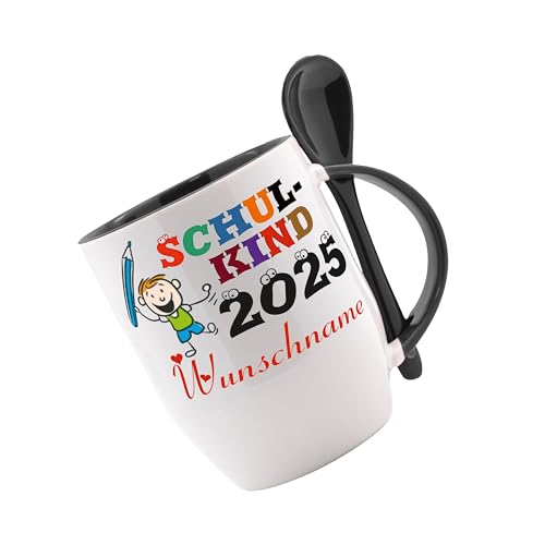 Tasse m. Löffel - Schulkind 2025 (Wunschname) - Löffeltasse, Kaffeetasse m. Name, Bürotasse, bedruckte Tasse mit Sprüchen oder Bildern, Tasse personalisiert mit Namen von Crealuxe