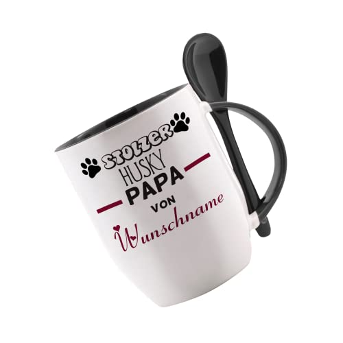 Tasse m. Löffel Stolzer Husky Papa von Wunschname Löffeltasse, Kaffeetasse m. Motiv,Bürotasse, bedruckte Tasse mit Sprüchen oder Bildern - von Crealuxe