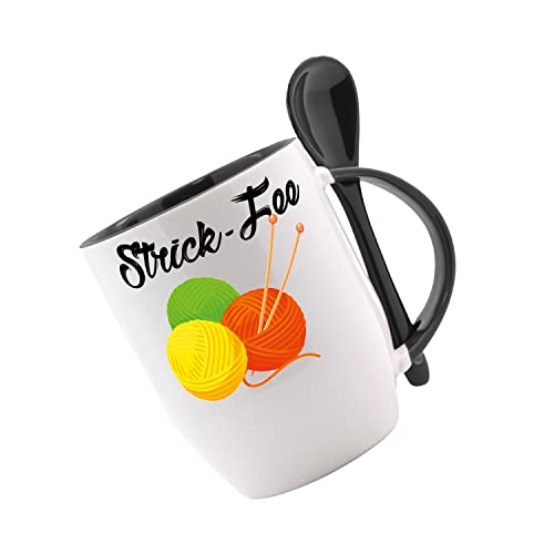Tasse m. Löffel Strick - Fee Löffeltasse, Kaffeetasse mit Motiv,Bürotasse, bedruckte Tasse mit Sprüchen oder Bildern - von Crealuxe