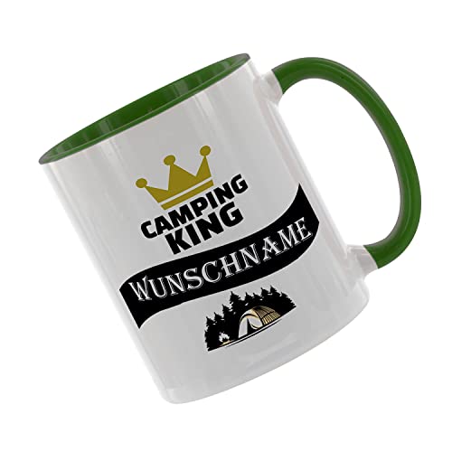 Crealuxe Kaffeetasse - Camping - King (Wunschname) -Spruchtasse, Bürotasse, bedruckte Keramiktasse, Tasse mit Spruch, Hochwertige Kaffeetasse (Grün) von Crealuxe
