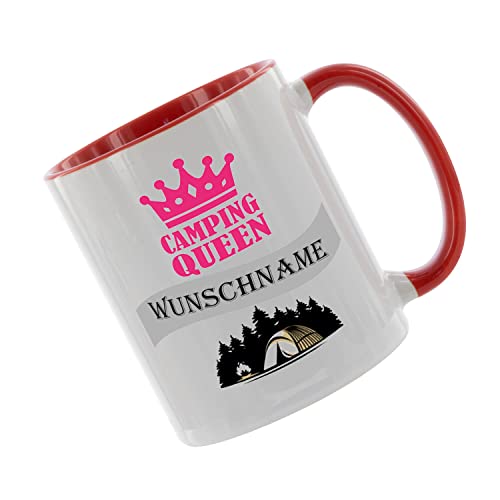 Crealuxe Kaffeetasse - Camping - Queen (Wunschname) -Spruchtasse, Bürotasse, bedruckte Keramiktasse, Tasse mit Spruch, Hochwertige Kaffeetasse (Rot) von Crealuxe