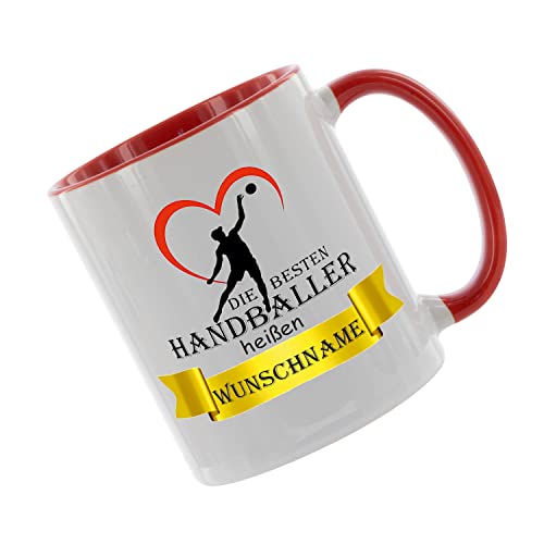 Crealuxe Kaffeetasse 'Die besten Handballer heißen... Wunschname' personalisiert, Spruchtasse, hochwertige Keramiktasse (Rot) von Crealuxe