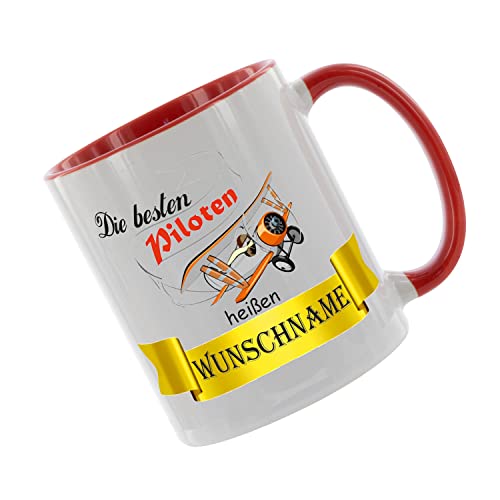Crealuxe Kaffeetasse 'Die besten Piloten heißen. Wunschname' personalisiert, Spruchtasse, hochwertige Keramiktasse (Rot) von Crealuxe