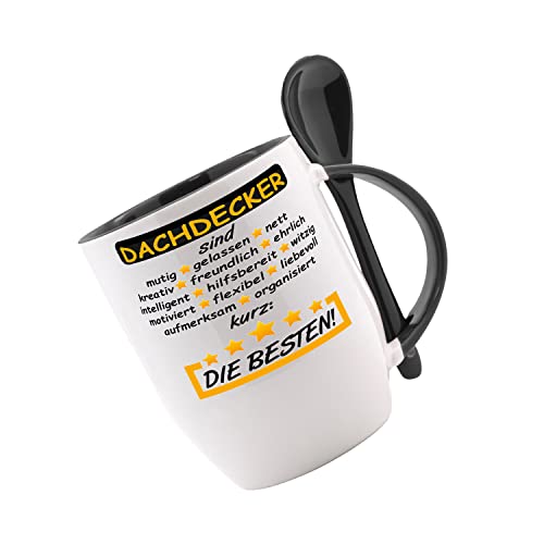 Tasse mit Löffel Dachdecker sind: mutig, gelassen, nett... kurz: die Besten Löffeltasse, Kaffeetasse mit Motiv, Bürotasse, bedruckte Tasse mit Sprüchen oder Bildern - von Crealuxe