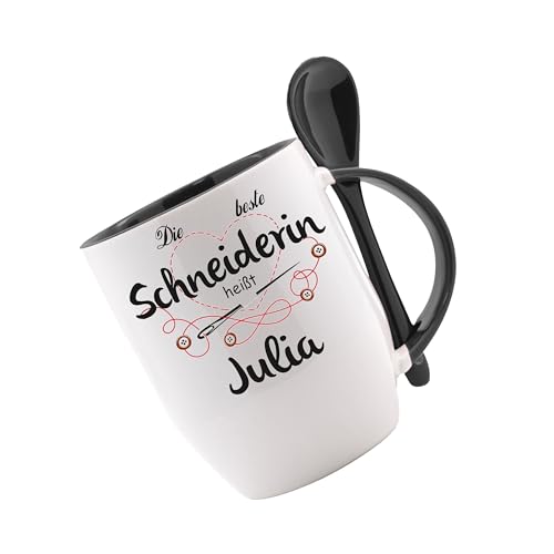 Tasse mit Löffel - Die beste Schneiderin heißt 'Name' - Löffeltasse, Kaffeetasse m. Motiv, Bürotasse, bedruckte Tasse mit Sprüchen oder Bildern, Tasse personalisiert mit Name von Crealuxe