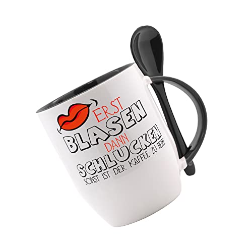 Tasse mit Löffel Erst blasen dann schlucken, sonst ist der Kaffee zu heiß Löffeltasse, Kaffeetasse mit Motiv, Bürotasse, bedruckte Tasse mit Sprüchen oder Bildern von Crealuxe