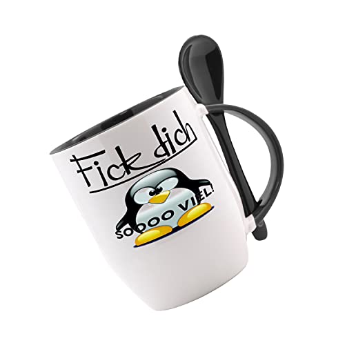 Tasse mit Löffel Fick dich -soooo viel - Pinguin Löffeltasse, Kaffeetasse mit Motiv, Bürotasse, bedruckte Tasse mit Sprüchen oder Bildern von Crealuxe