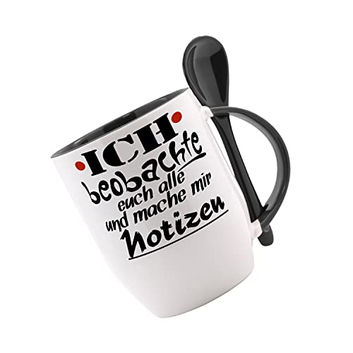 Tasse mit Löffel Ich beobachte euch alle und mache mir Notizen Löffeltasse, Kaffeetasse mit Motiv, Bürotasse, bedruckte Tasse mit Sprüchen oder Bildern von Crealuxe