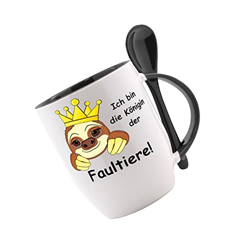 Tasse mit Löffel - Ich bin die Königin der Faultiere - Löffeltasse, Kaffeetasse mit Motiv, Bürotasse, bedruckte Tasse mit Sprüchen oder Bildern von Crealuxe