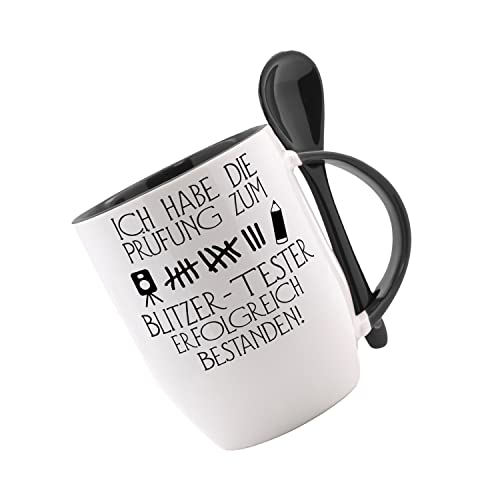 Tasse mit Löffel Ich habe die Prüfung zum Blitzer - Tester erfolgreich bestanden Löffeltasse, Kaffeetasse mit Motiv,Bürotasse, bedruckte Tasse mit Sprüchen oder Bildern - von Crealuxe