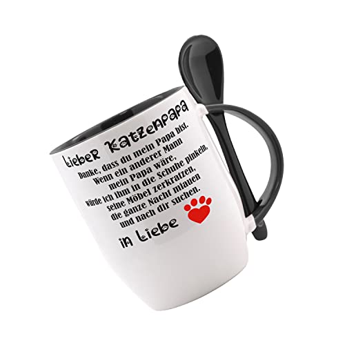 Tasse mit Löffel Lieber Katzenpapa - Danke, dass du mein Papa ... Löffeltasse, Kaffeetasse mit Motiv,Bürotasse, bedruckte Tasse mit Sprüchen oder Bildern - von Crealuxe