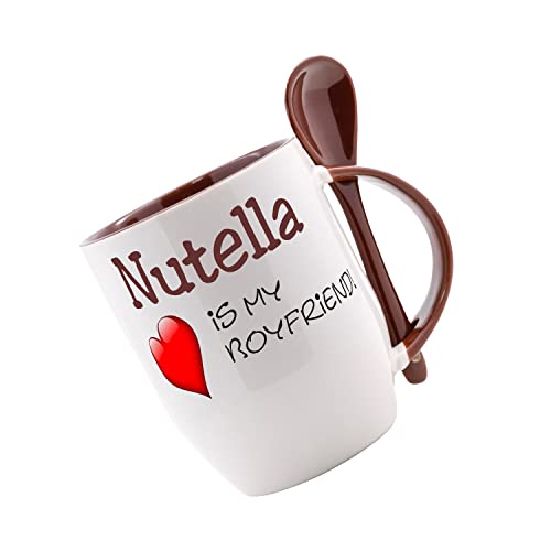 Tasse mit Löffel Nutella is my boyfried Löffeltasse, Kaffeetasse mit Motiv,Bürotasse, bedruckte Tasse mit Sprüchen oder Bildern von Crealuxe
