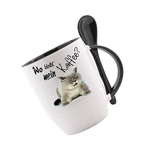 Tasse mit Löffel Wo bleibt mein Kaffee ..... Katze Löffeltasse, Kaffeetasse mit Motiv,Bürotasse, bedruckte Tasse mit Sprüchen oder Bildern - von Crealuxe