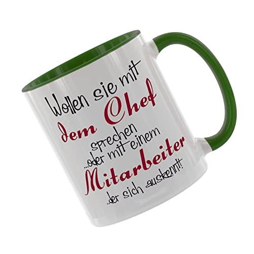 Crealuxe Kaffeetasse 'Wollen Sie mit dem Chef sprechen oder einem Mitarbeiter der sich auskennt' bedruckt, Spruchtasse, hochwertige Keramiktasse (Grün) von Crealuxe