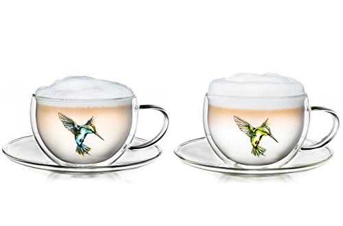 Creano 2er-Set Thermo-Tasses Hummi für Tee/Latte Macchiato, doppelwandig, mit Kolibri-Muster | 250ml in exklusiver Geschenkpackung von Creano
