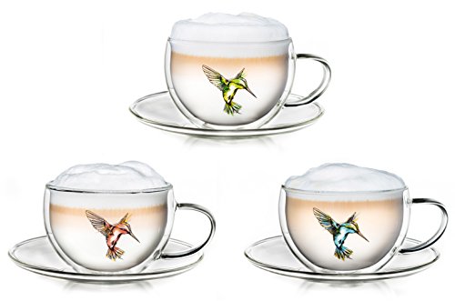 Creano 3er-Set Thermo-Tasses "Hummi" für Tee/Latte Macchiato, doppelwandig, mit Kolibri-Muster | 250ml in exklusiver Geschenkpackung von Creano
