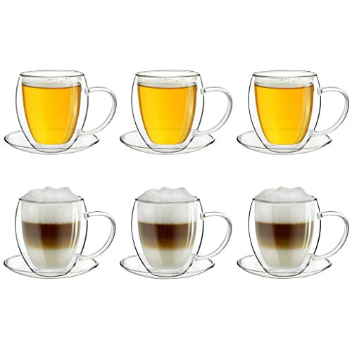 Creano 6 doppelwandige 250 ml Glas-Thermotassen mit Untersetzer, Glas-Teetasse/Kaffeetasse mit Schwebeeffekt, Glastasse mit Henkel und Untersetzer im Geschenkkarton - 6er Set von Creano