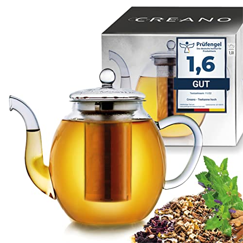 Creano Teekanne aus Glas 1,0l mit Edelstahl-Filter - Glasteekanne mit Edelstahl-Sieb und Glas-Deckel - Dobin-Teekanne Ideal zur Zubereitung von Losen Tees - tropffrei von Creano