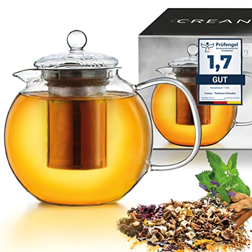 Creano Teekanne aus Glas 1,3l, 3-Teilige Glasteekanne mit Integriertem Edelstahl-Sieb und Glas-Deckel, Ideal zur Zubereitung von Losen Tees, tropffrei, All-in-One von Creano