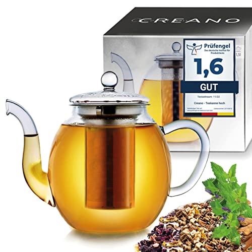 Creano Teekanne aus Glas 1,5l mit Edelstahl-Filter - Glasteekanne mit Edelstahl-Sieb und Glas-Deckel - Dobin-Teekanne Ideal zur Zubereitung von Losen Tees - tropffrei von Creano