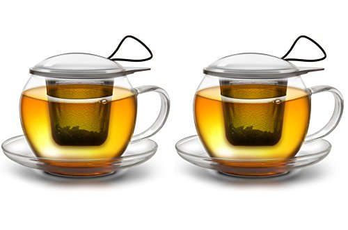 Creano Jumbo Tee-Tasse XXL mit Henkel und integriertem Edelstahlsieb, Glas-Deckel und Untertasse | 450ml von Creano