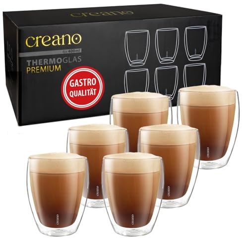 Creano PREMIUM doppelwandige Trinkgläser 400ml - 6er Set - Gastronomie Qualität - 100% Spülmaschinenfest - NEUHEIT 2024 - dooppelwandige Gläser - Latte Gläser - Cappucinotassen von Creano