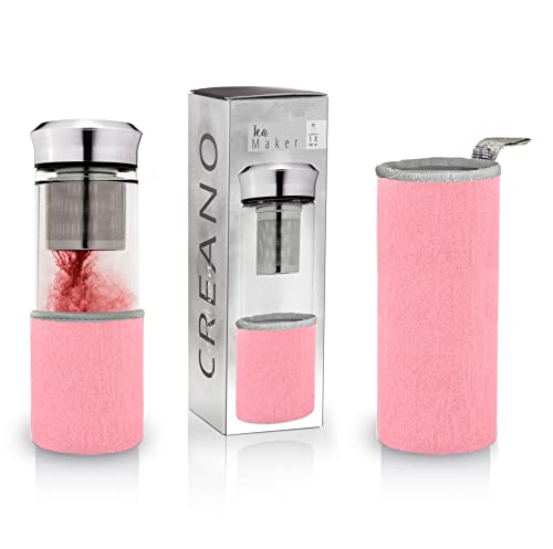 Creano Teebereiter Teamaker - Teeflasche to go aus Glas mit Sieb für losen Tee inkl. Neoprentasche | 400ml (Rosa) von Creano