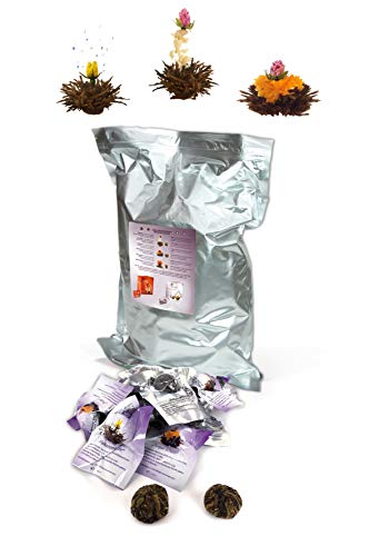 Creano Teeblumen 36 Teekugeln Schwarzer Tee Großpackung, Erblühtee im Bulkpack, Teerosen, Blooming Tea, Flowering Tea von Creano