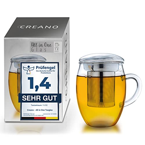 Creano Teeglas all in one 400ml, Große Teetasse mit Edelstahlsieb und Deckel aus Glas, Teebereiter in attraktiver Geschenkverpackung (1x 400ml) von Creano