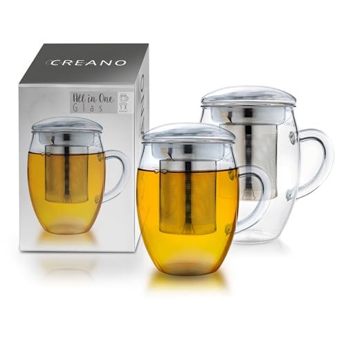 Creano Teeglas All in one 400ml 2er Set, Große Teetasse mit Edelstahlsieb und Deckel aus Glas, Teebereiter in attraktiver Geschenkverpackung (2X 400ml) von Creano
