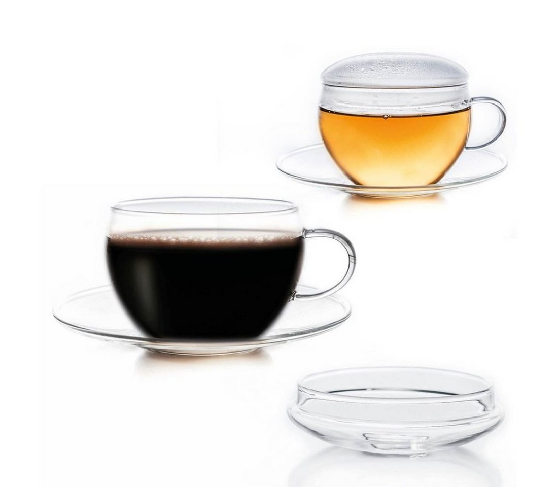 Creano Teeglas Creano 2er-Set Glas-Tasse mit Untertasse & Deckel, praktisch für Erblü, Glas, 2 bedruckte Gläser von Creano