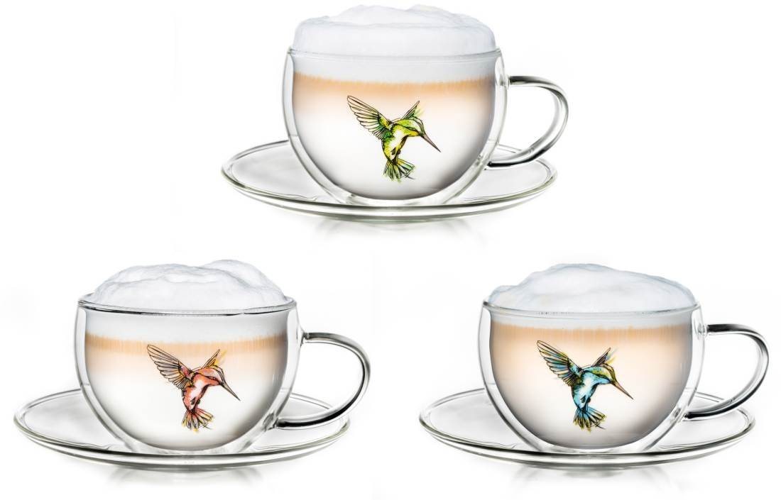 Creano Teeglas Creano 3er-Set Thermo-Tassen Hummi" für Tee/Latte Macchiato, doppelwa, Borosilikatglas, 3 Tassen mit Untertassen" von Creano