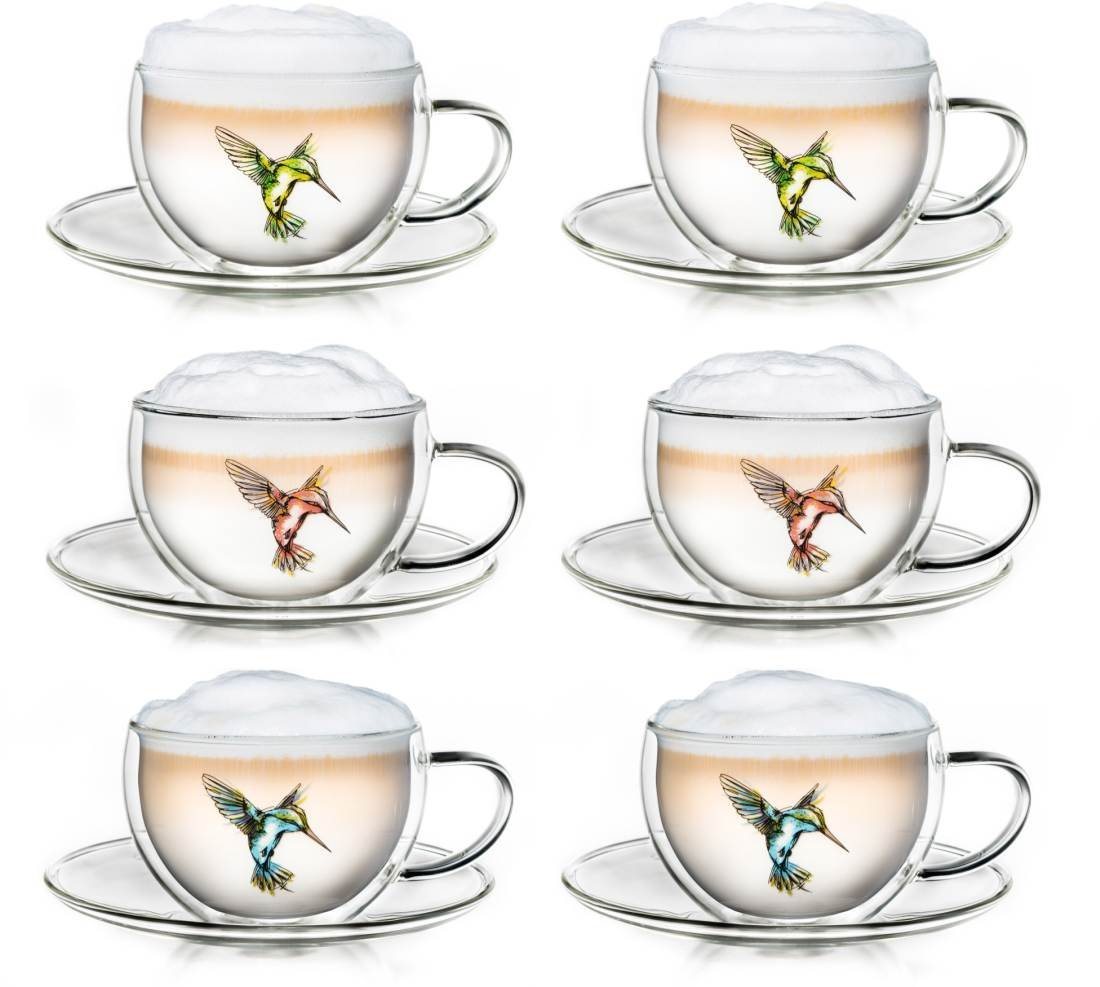 Creano Teeglas Creano 6er-Set Thermo-Tassen Hummi" für Tee/Latte Macchiato, doppelwa, Borosilikatglas, 6 Tassen mit Untertassen" von Creano