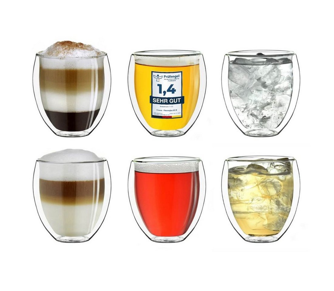 Creano Teeglas Creano doppelwandige Gläser 250ml „DG-Bauchig“, 6er Set, großes Thermo, Borosilikatglas, 6-teilig von Creano