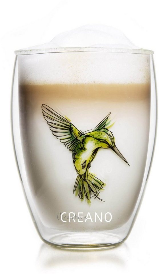 Creano Teeglas Creano doppelwandiges Tee-Glas, Latte Macchiato, Thermobecher Kolibri, Glas, 1x bedrucktes Glas von Creano