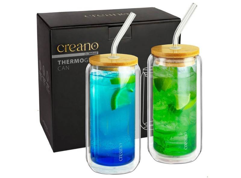Creano Teeglas Creano doppelwandiges Trinkglas mit Deckel & Strohhalm 360ml 2er-Set, Borosilikatglas von Creano