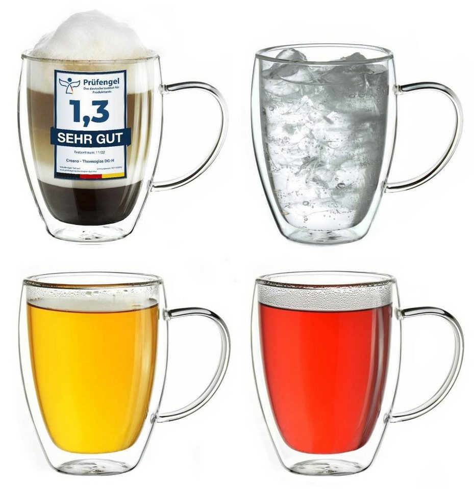 Creano Teeglas Doppelwandiges Thermoglas mit Henkel 250ml, Borosilikatglas, 4 Gläser von Creano