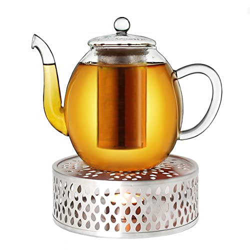 Creano Teekanne aus Glas 1,5l + ein Stövchen aus Edelstahl, 3-teilige Glasteekanne mit integriertem Edelstahl Sieb und Glasdeckel, ideal zur Zubereitung von losen Tees, tropffrei von Creano