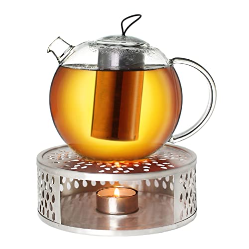 Creano Teekanne aus Glas 1,5l Jumbo + ein Stövchen aus Edelstahl, 3-teilige Glasteekanne mit integriertem Edelstahl Sieb und Glasdeckel, ideal zur Zubereitung von losen Tees, tropffrei von Creano