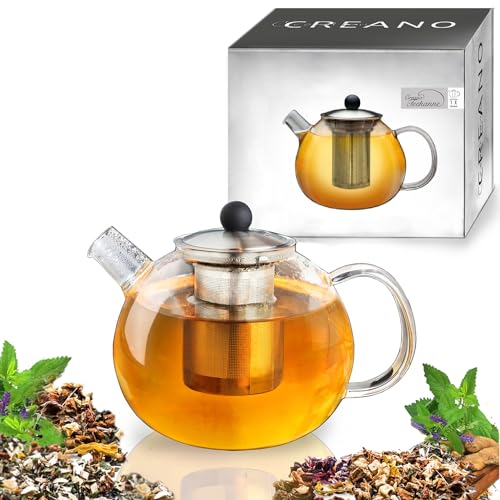 Creano Teekanne mit Siebeinsatz aus Glas 1,0l - Glasteekanne mit Edelstahl-Sieb und Deckel - Ideal zur Zubereitung von Losen Tees - tropffrei von Creano