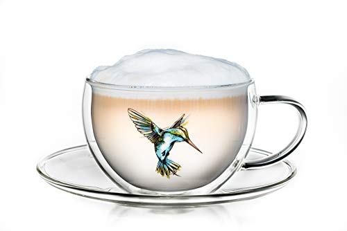 Creano Thermo-Tasse Hummi für Tee/Latte Macchiato, doppelwandig, mit Kolibri-Muster | 250ml in exklusiver Geschenkpackung, Blau von Creano