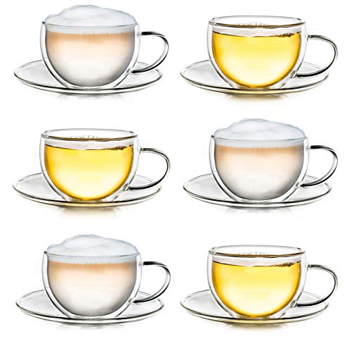 Creano Thermo-Tasse doppelwandige Tee-/Latte Macchiato Cappuccino Tasse mit Untersetzer 250ml, 6er Set von Creano