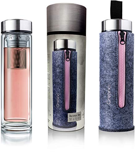 Creano Teeflasche mit Sieb doppelwandig, Thermo-Teamaker mit Edelstahlsieb & Edelstahldeckel in edler Filz-Tasche, Rosa (400ml) im hochwertigen Geschenkkarton von Creano