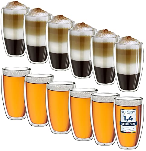 Creano Thermogläser doppelwandig 250ml „DG-SH“, 12er Set, große doppelwandige Gläser aus Borosilikatglas, Kaffeegläser, Teegläser, Latte Macchiato Gläser von Creano